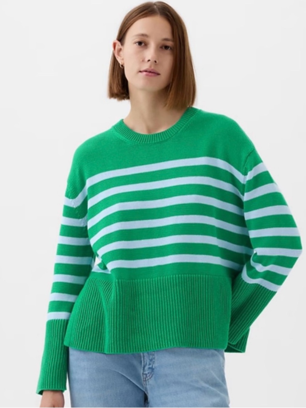 GAP Green and White Striped Crewneck Sweater